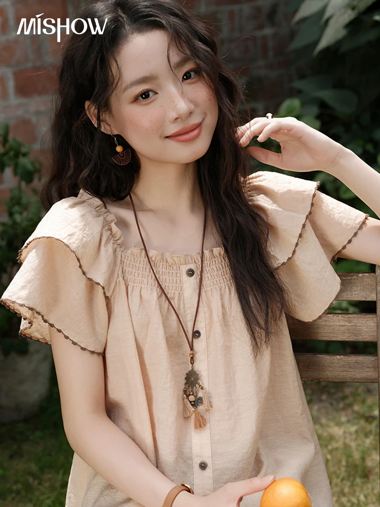 MISHOW Women's Fashion Butterfly Sleeve Blouse Summer 2025 New Loose Casual Square Neck Button Top Women's Clothing MXE37X1854