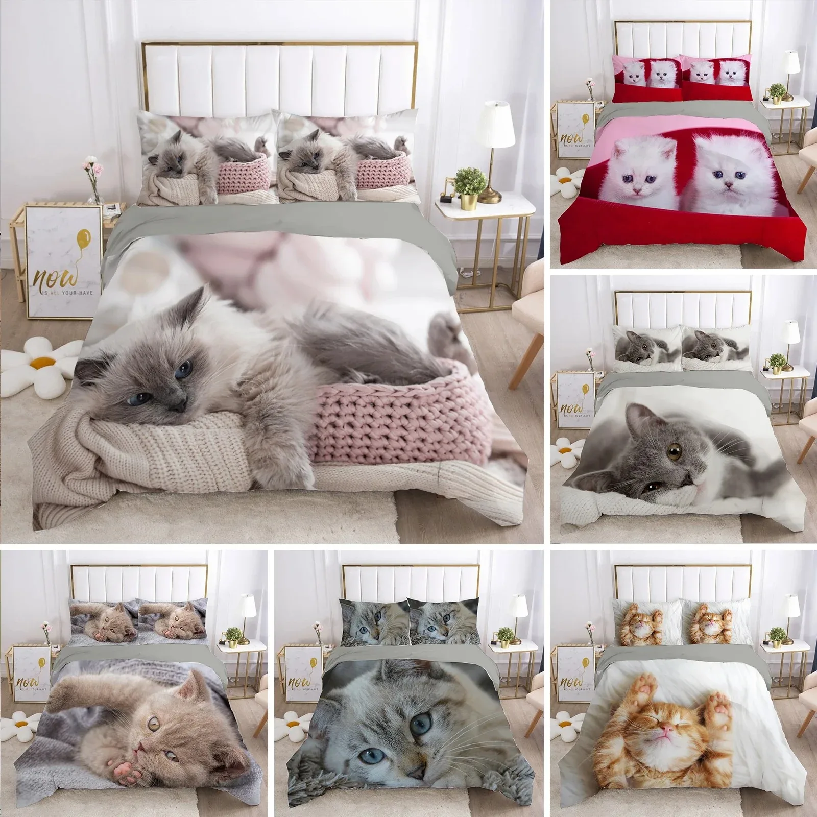 

Cat Duvet Cover Lovely Animal Kitten Printed Quilt Cover Kids Teens Girl Animal Double Queen King Size Polyester Bedding Set