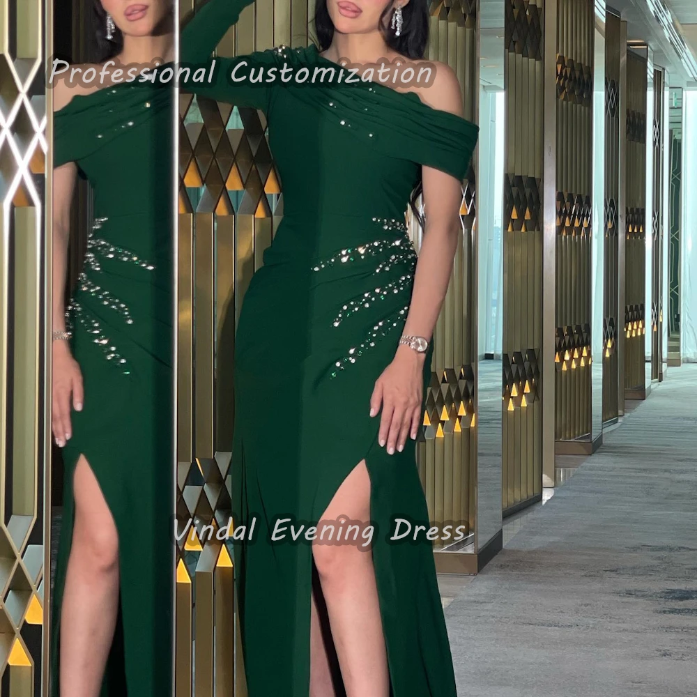 Vindal Off-the-shoulder Floor length Straight Beaded luxurious Breast padding Crepe Elegant Short Sleeves  السعود For Woman 2024