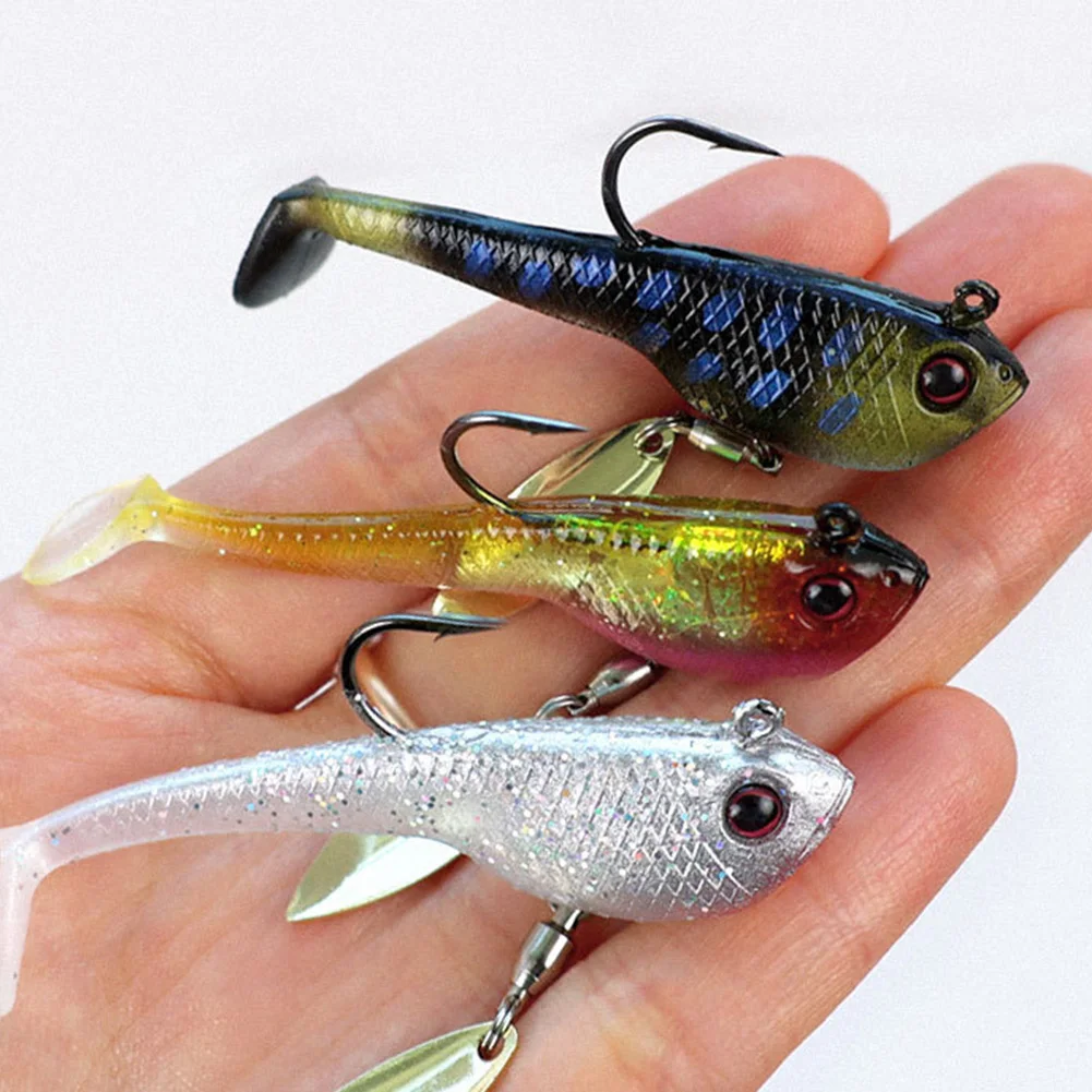 6pcs Spin Spoon Sequins Soft Fishing Lures Jig Head Wobblers Swimbait T Tail Soft Baits for Trout Bass Fishing