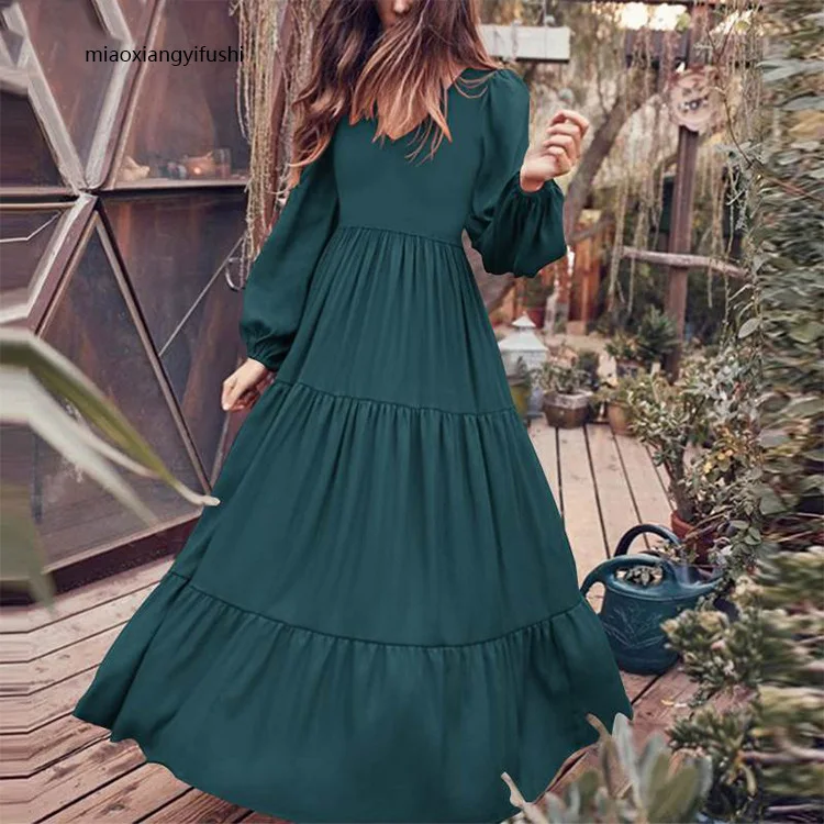 Mode musulmane Abaya femmes col en V robes en mousseline de soie décontractées à volants à manches longues femmes robes décontracté ample flux balançoire robes