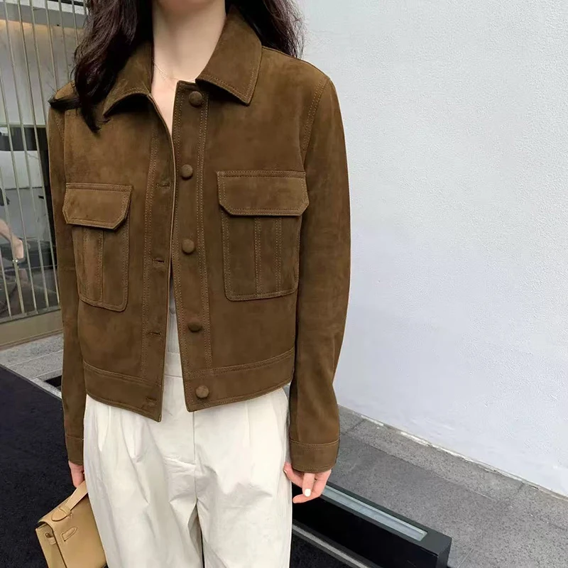 本革ジャケット女性用 2026 春クラシック品質シープスキンスエードラペルシングルブレストカジュアル多用途ショートジャケッタ