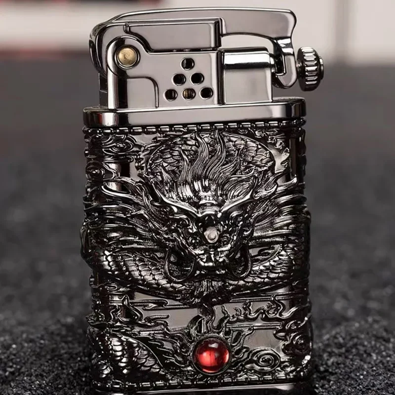 New Zorro Creative Ejection Ignition Coiled Dragon Hand-Etched Windproof Lighter Retro Brass Kerosene Lighter Men's Smoking Gift