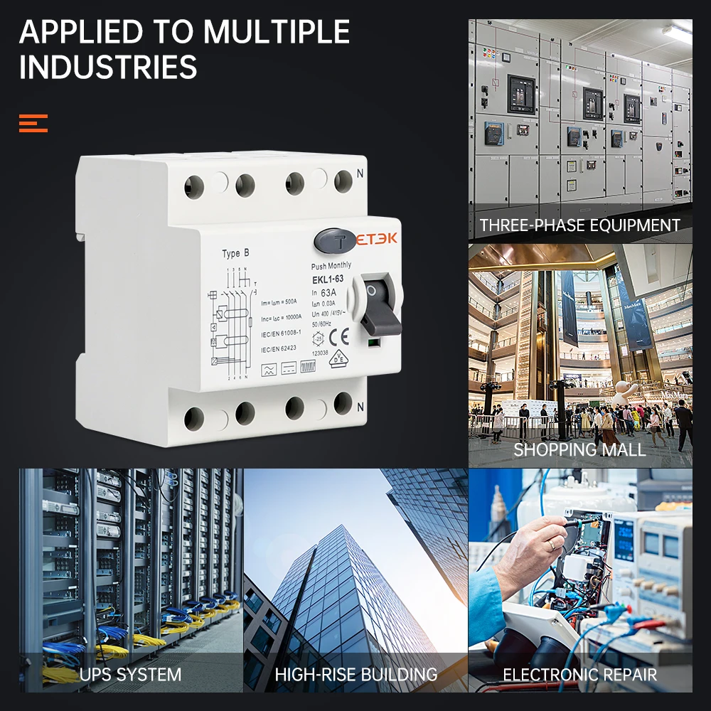 ETEK RCD Type B Evse 4P 4Poles Earth Leakage Circuit Breakers RCCB 40a 63a 30ma EKL1-63HB 10KA Din Rail 220V