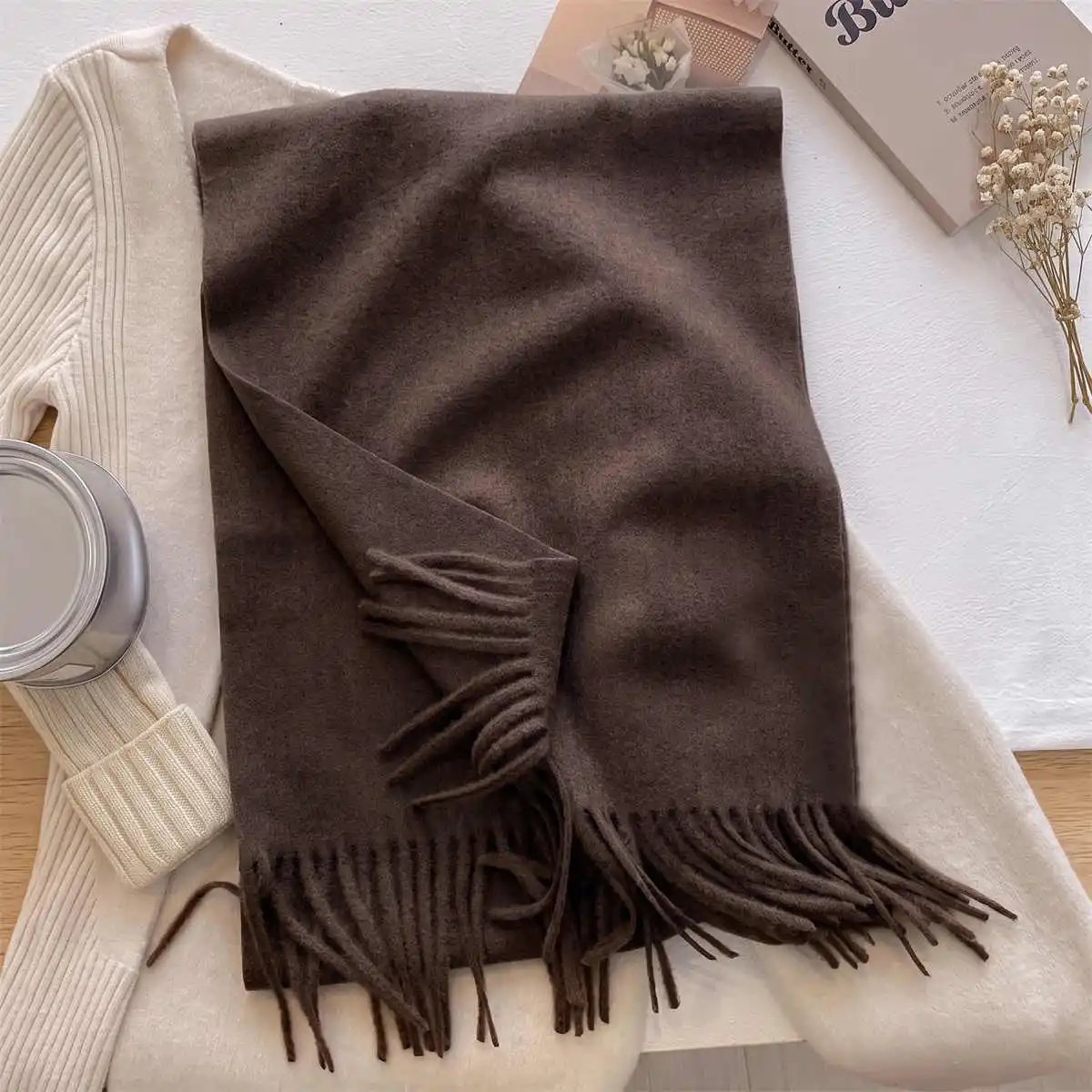 Ladies Soft Draping Plain Imitation Cashmere Long Scarf Windproof Fringed Shawl Versatile Neckwear For Long Distance Travel