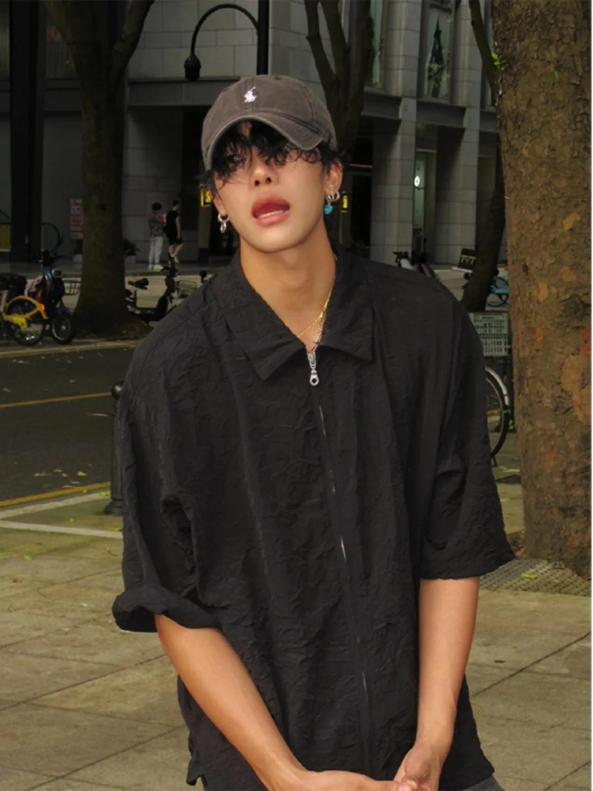 

Bla Pleated ort Sve irt Men's Summer Deconstructed Design Cool Top High-End Trendy Brand irt Jaet Loose Fit