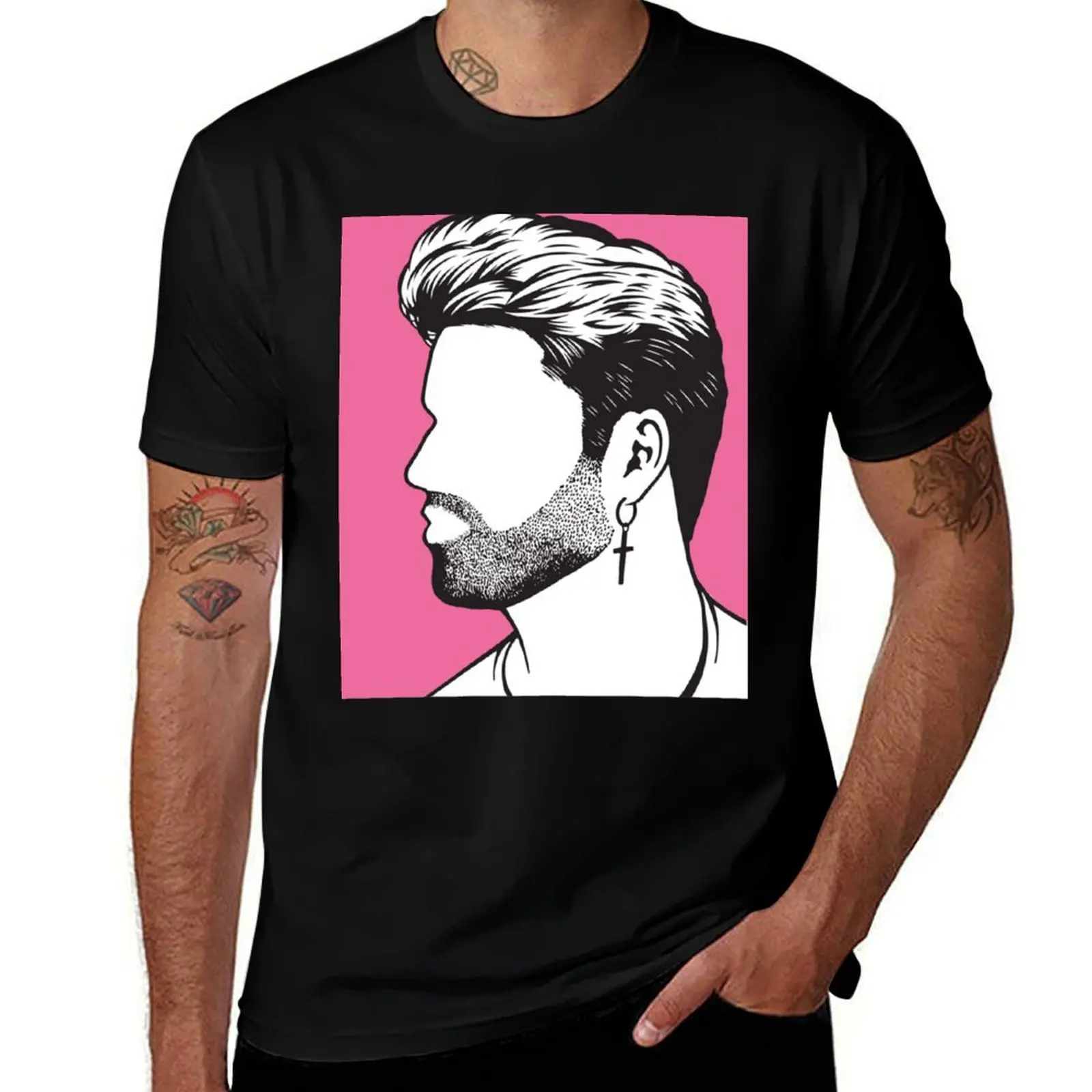 

Pink background George michael image black gift T-Shirt customs custom t-shirts sweat heavy weight t shirts for men