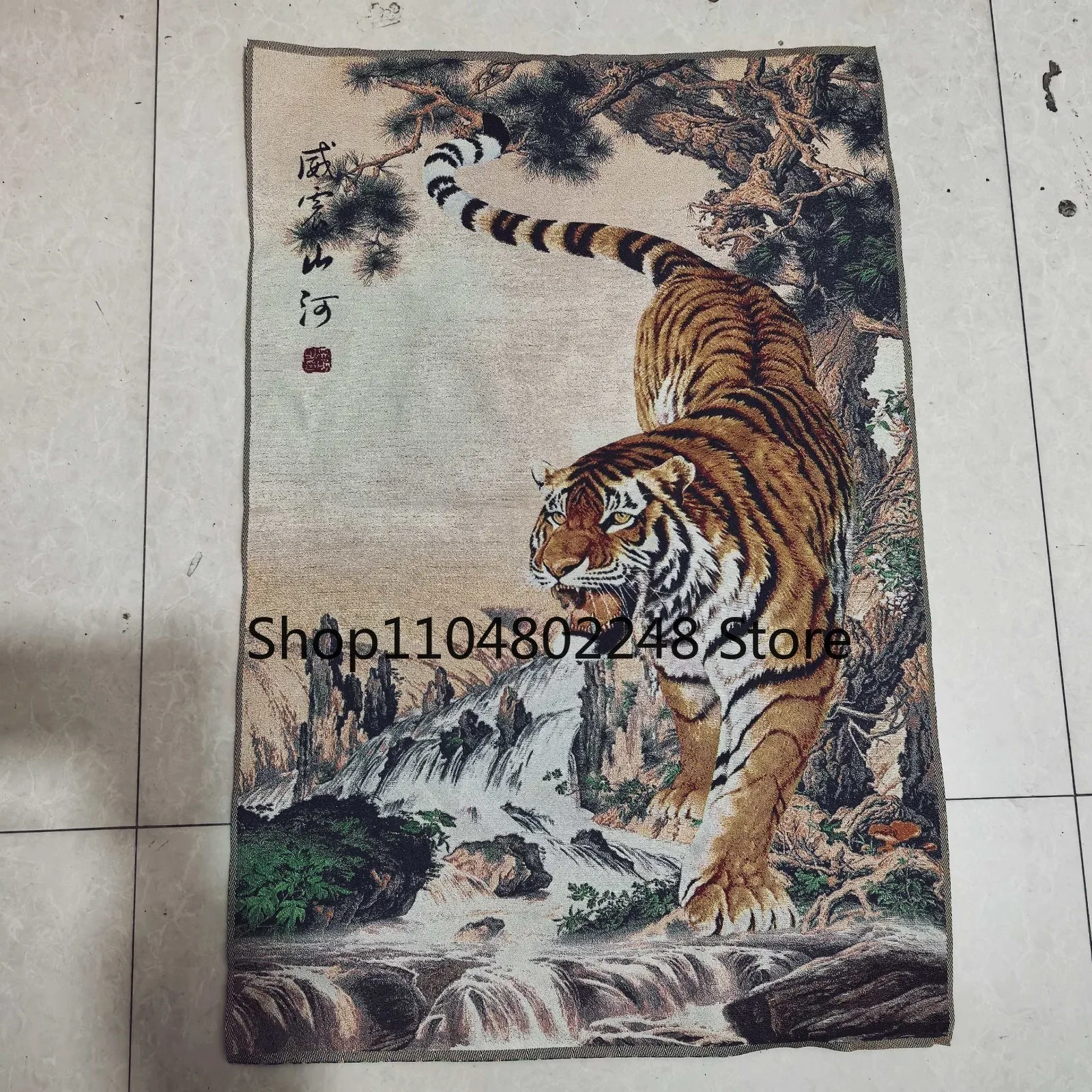 China Old Brocade Embroidery Tangka,wall painting Descending Tiger statue