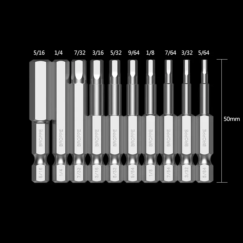 10Pcs SAE Inch Inner Hexagon Screwdriver Bit Set 5/64-5/16 Inch S2 Alloy Steel Magnetic Hex Head Driver Bit