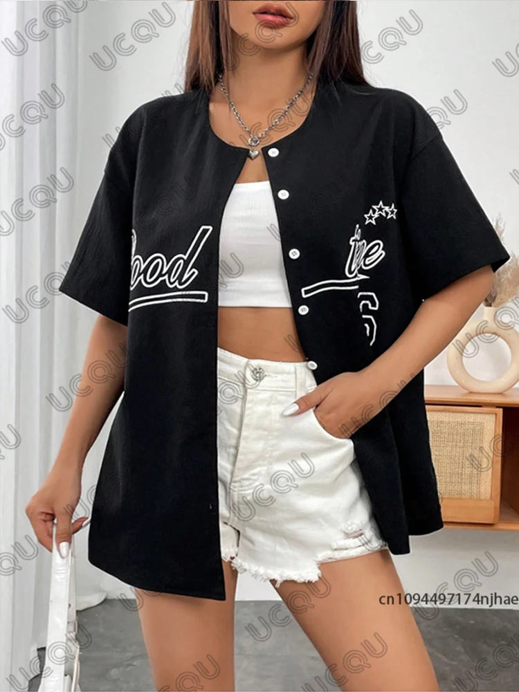 2025 novedad de verano Retro negro buena vez 26 blusa estampada ropa de calle para mujer camisa de béisbol Hip Hop manga corta Tops con botones