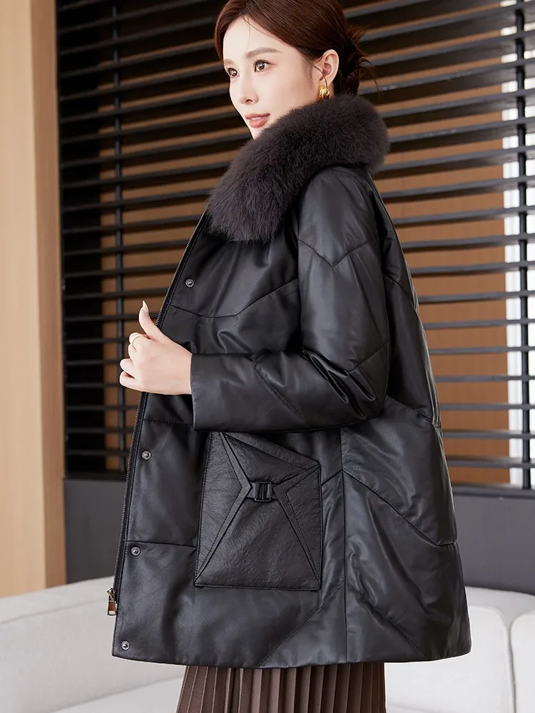 冬カジュアルレディース本革ダウンコートフォックスファーターンダウンカラーシープスキンコート厚く暖かいジッパー女性ジャケットアウター