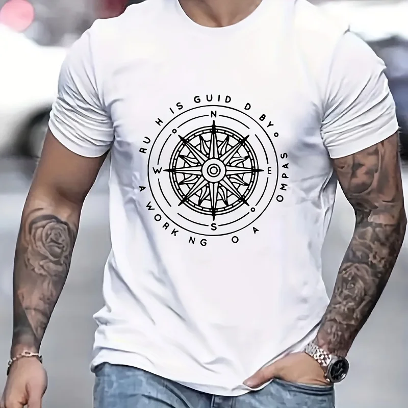 Vintage Kompass-Navigations-Grafik-T-Shirt für Herren, atmungsaktiv, 100 % Baumwolle, perfekt für den Sommer, lässiger Streetwear-Stil