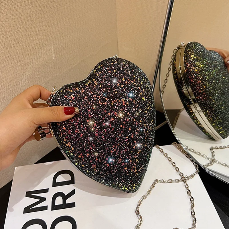 

Shiny Heart Shape Metal Clutches Bag Fashion Chain Shoulder Crossbody Bag Luxury Lady Purse