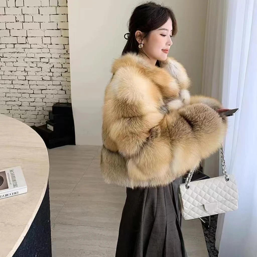 New winter high-end Jindao Fox King fur coat, winter warm whole leather genuine fur round neck women's short style