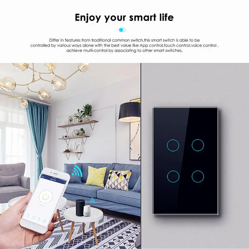 Tuya EU US Wifi Smart Touch Switch 1/2/3/4 Gang Wall Light Switch Smart Life Neutral Wire Require For Alexa Google Home Alice