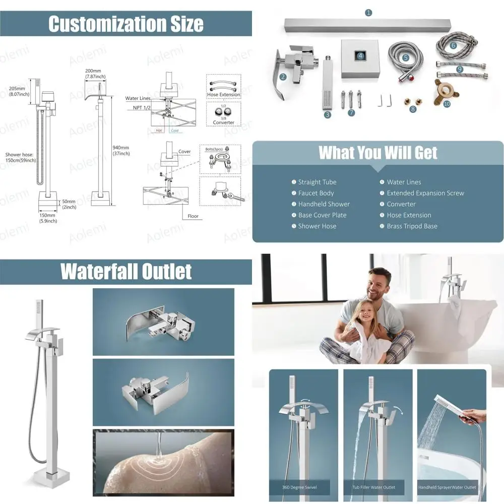 

Напольный смеситель для ванны с изливом-водопадом и ручным душем, полированный хром