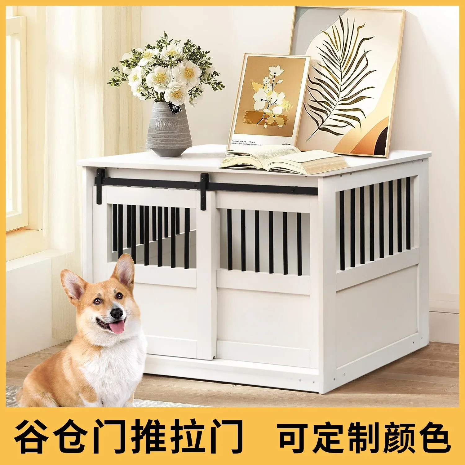 Dog Crate Furniture Large Dog Barn Door Puppy Kennel Thickened Farmhouse Top Metal Bars White Decorative Modern Dog Crate