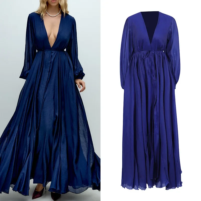 French Style Sexy Ball Elegant Dress Long Skirt Deep V Neck Pure Color Pleated Women's Summer Dress Full Sleeve Cotton Dress