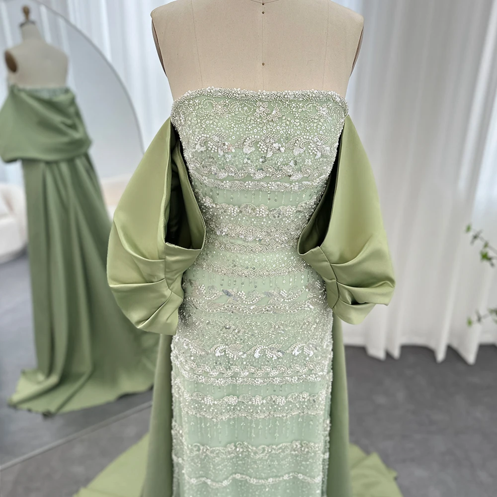 Sharon Said Luxuriöses Salbeigrünes Abendkleid Fliederblau Perlenbesetzt Fuchsia mit Cape für Damen Hochzeitsfeierkleid SS238 Maßanfertigung – Detail 9