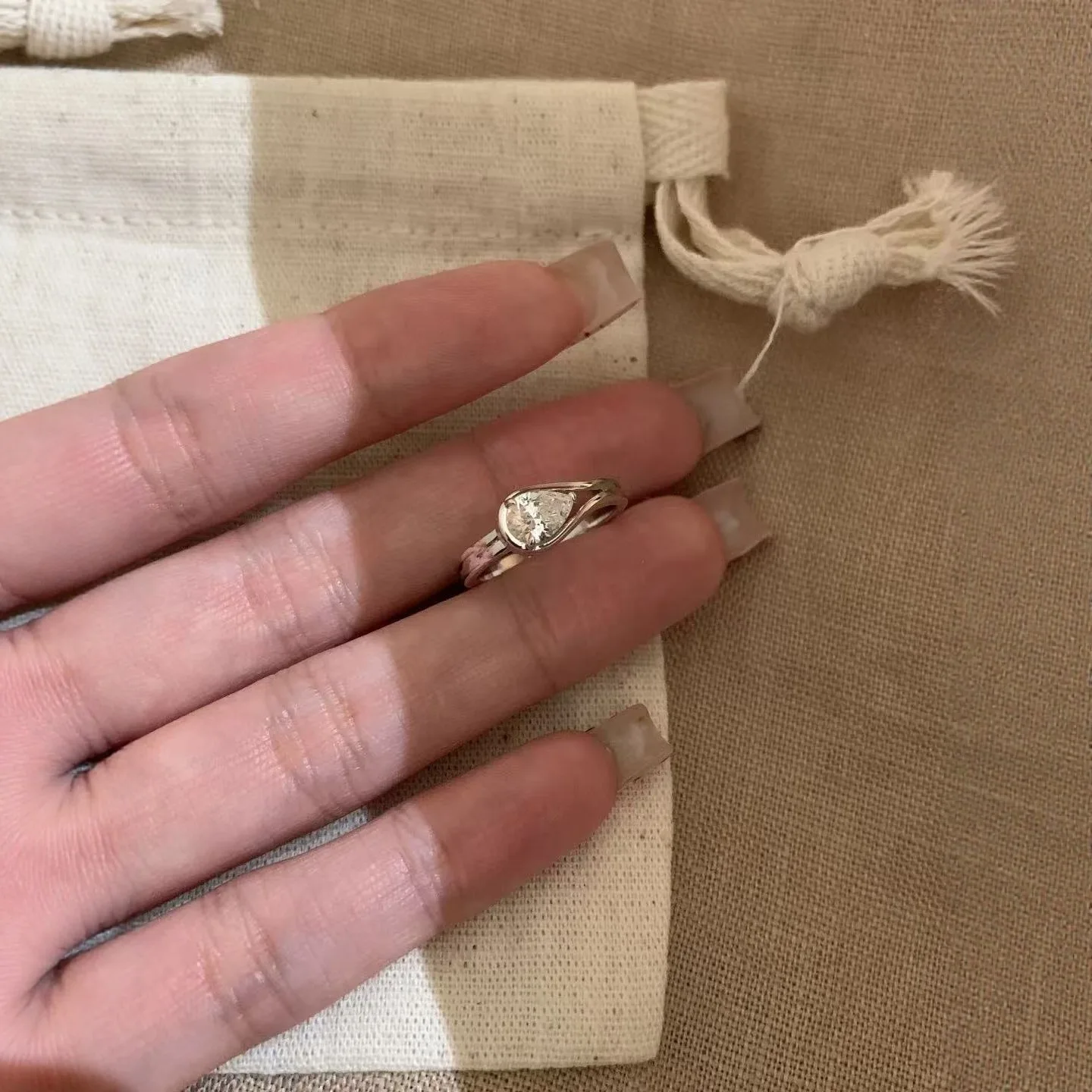 9999 gold droplet diamond ring - Women's ins Korean light luxury niche style finger ring, European opening index finger ring