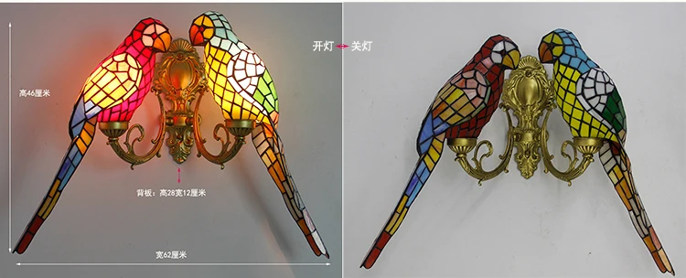 Tiffany double wall lamps pair sconce fixture stained glass bird dragonfly sunflower rose design 2 lights flower retro parrots