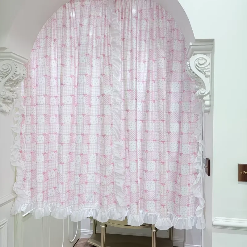 Korean-style Girlish Ins-style Door Curtain Pink Bow Decoration Vintage Romantic Pastoral Fresh Window Curtain Pink Bow Ins Gift