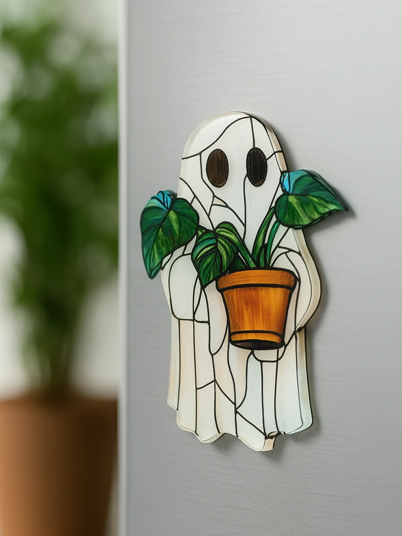 Halloween Ghost Acrylic Sticker, Cute Ghost Holding Potted Plant Design, Refrigerator & Wall Decor for Kitchen, Home Living Room view 3