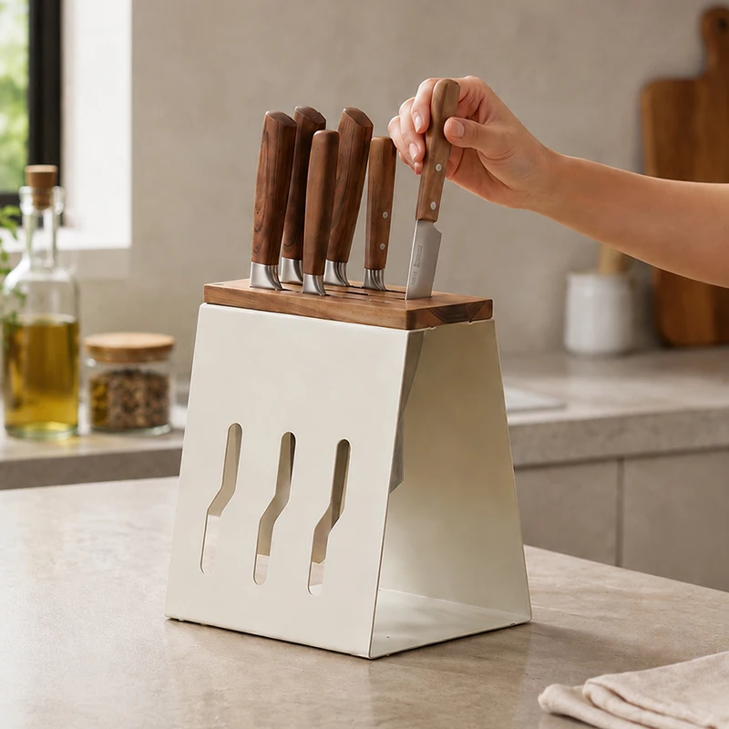 Thick Carbon Steel Chef Knife Holder Wooden Top 5 Slot Trapezoid Mold-proof Knife Block Rack Desktop Home Kitchen Knives Stand