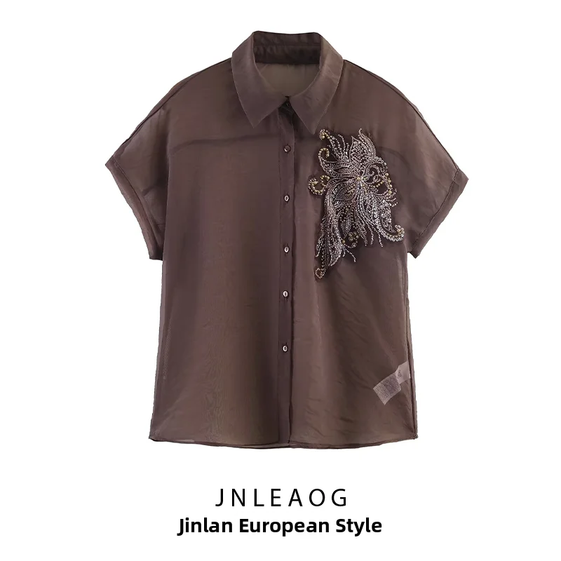 JNLEAOG Spring New Women's Fashion Casual Design Sense Micro Transparent Three-dimensional Flower Decoration Shirt