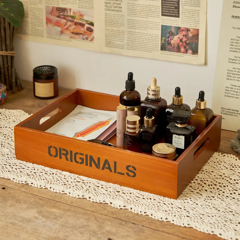 Zakka groceries, solid wood, English alphabet tray, succulent jewelry, cosmetics storage box, log storage box