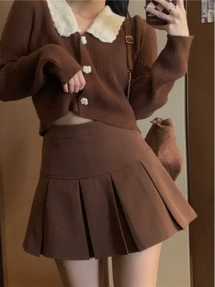 

2022 Knitted Suit Women Spring and Autumn Warm Mini Skirt + Chic Elegant Top Sweater Women Skirt Vintage Short Skirt Suit Solid