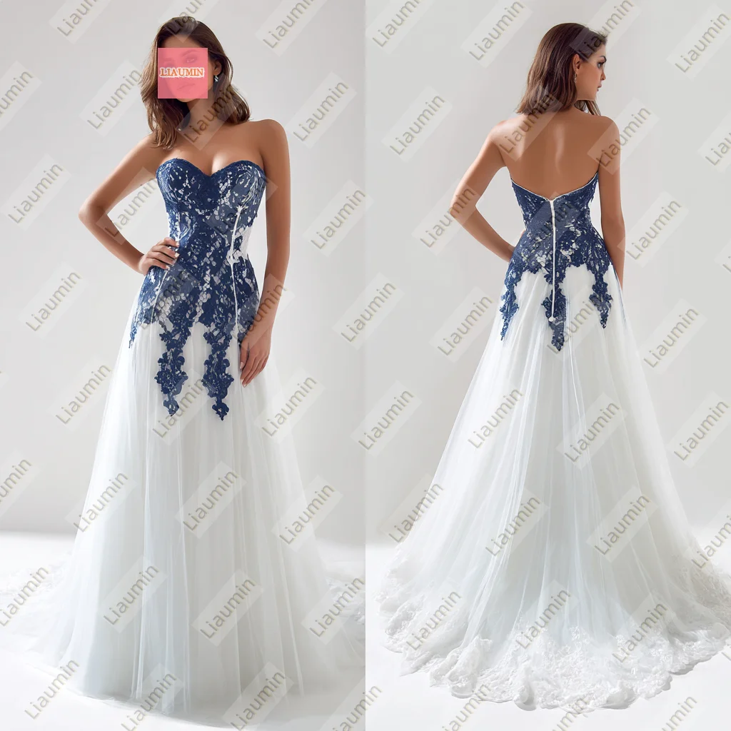 

Classic White Tulle Blue Lace Applique Sweetheart Lace-up Back Evening Wedding Formal Party Prom Dresses Customized W20.2.35