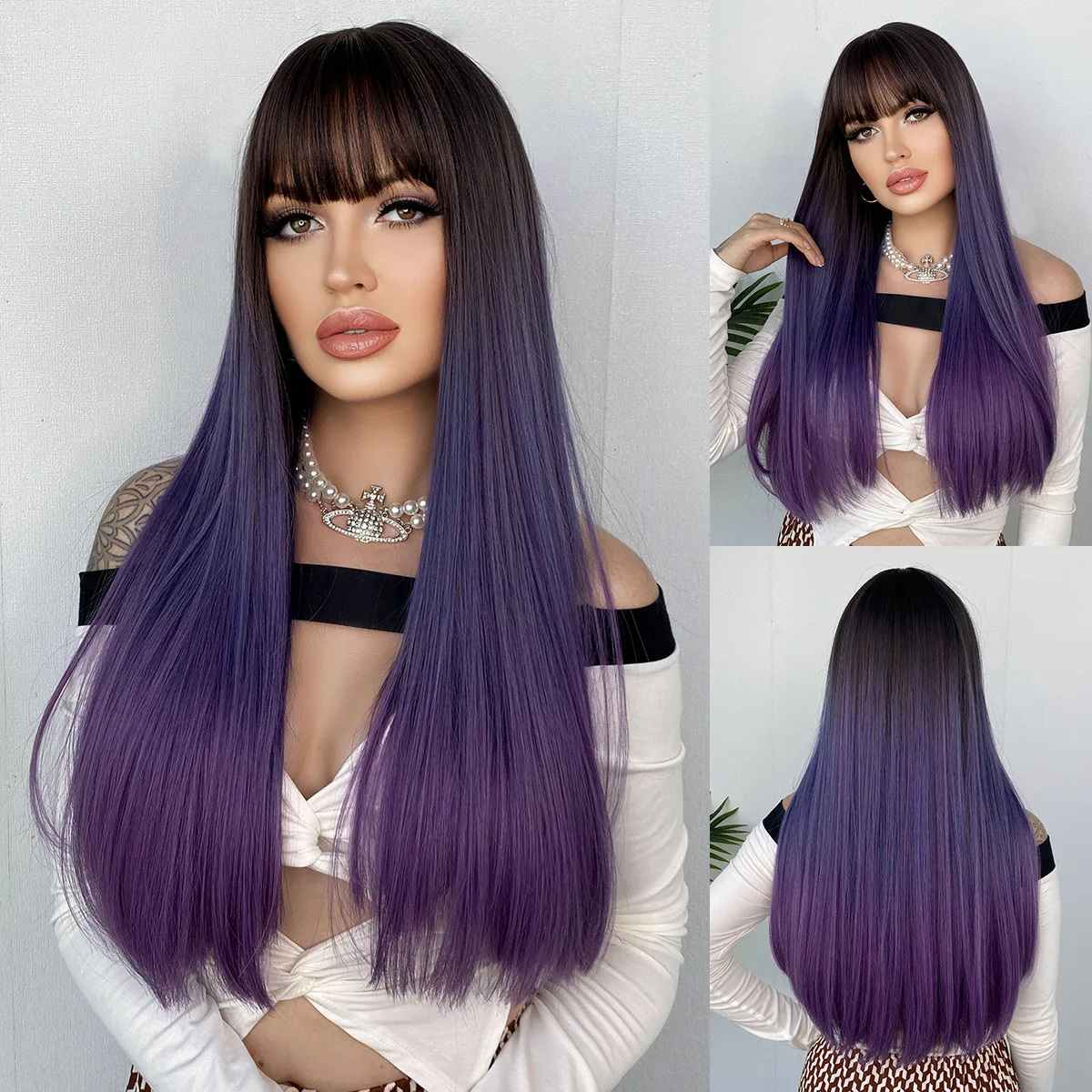 

women's long hair full head set Barbie blue gradient long straight hair natural air bangs full top wig