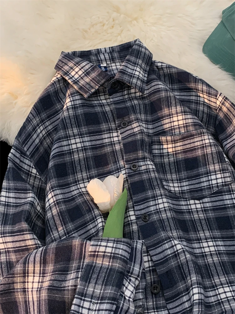 

Teenage Boys' Plaid Long Sleeve Shirt Loose Fit Vintage American Style Spring 2024 New Arrival Male Fashion Casual Shirt