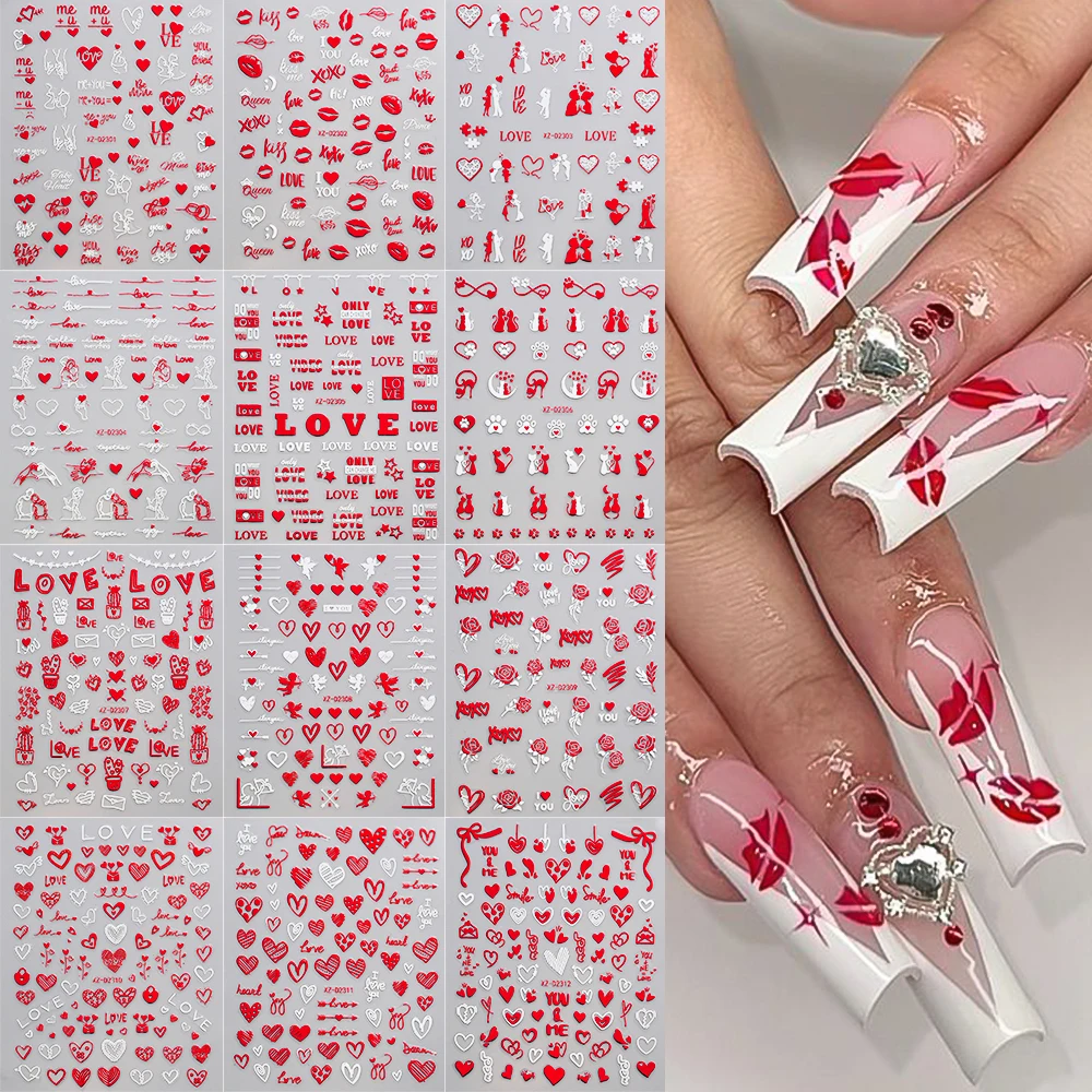 12 Uds. De pegatinas 3D rojas para decoración de uñas del Día de San Valentín, pegatinas para uñas en forma de corazón rojo/gato/labio Y2k, pegatinas para manicura de corazón de amor rojo-1Kit