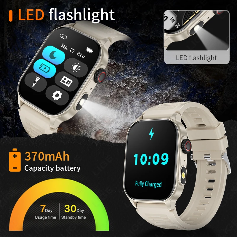 LIGE 2025 New For Android Military Smart Watch LED Flashlight Outdoor Sports Heart Rate 2.01