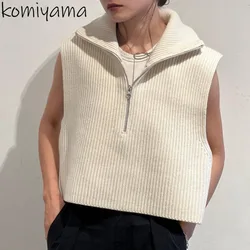 Suéter sin mangas con cuello levantado y cremallera para Mujer, Ropa informal, Tops de punto japoneses, Primavera, 2024