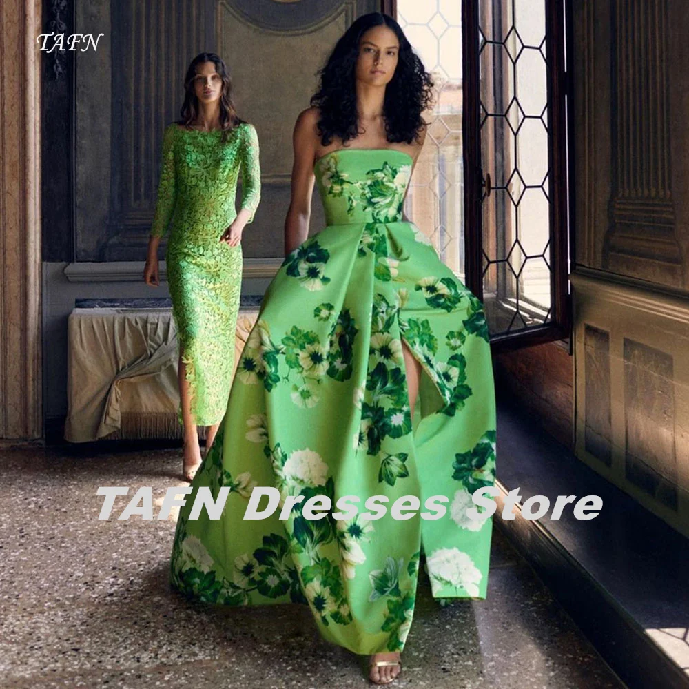 TAFN Avocado Green Floral Dresses Straplesss A-line High Slit Vintage Evening Party Dresses Floor-Length Elegant Prom Gown