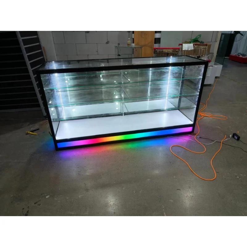 Custom. full glass showcase with flowing LED lights size can custom