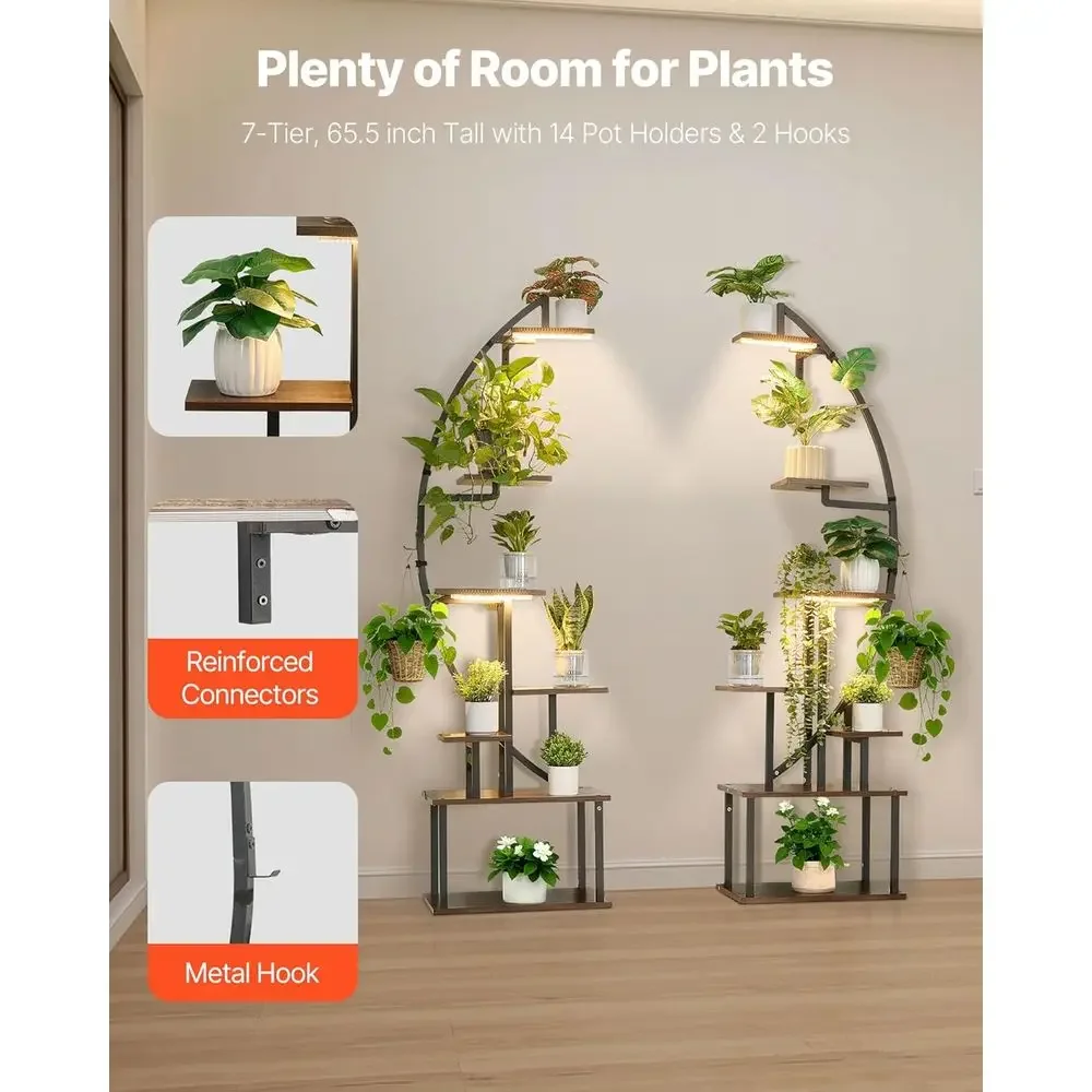 7-Tier Indoor Plant Stand with Grow Lights, 65.5 Tall, 2-Piece Metal Holder, 3 Timers & 10 LED Lights for Living Room