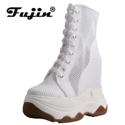 Fujin 13cm 2024 Air Mesh Hollow Genuine Leather Casual Sneakers Summer Sandals Breathable Chunky Sneakers Platform Wedge Shoes