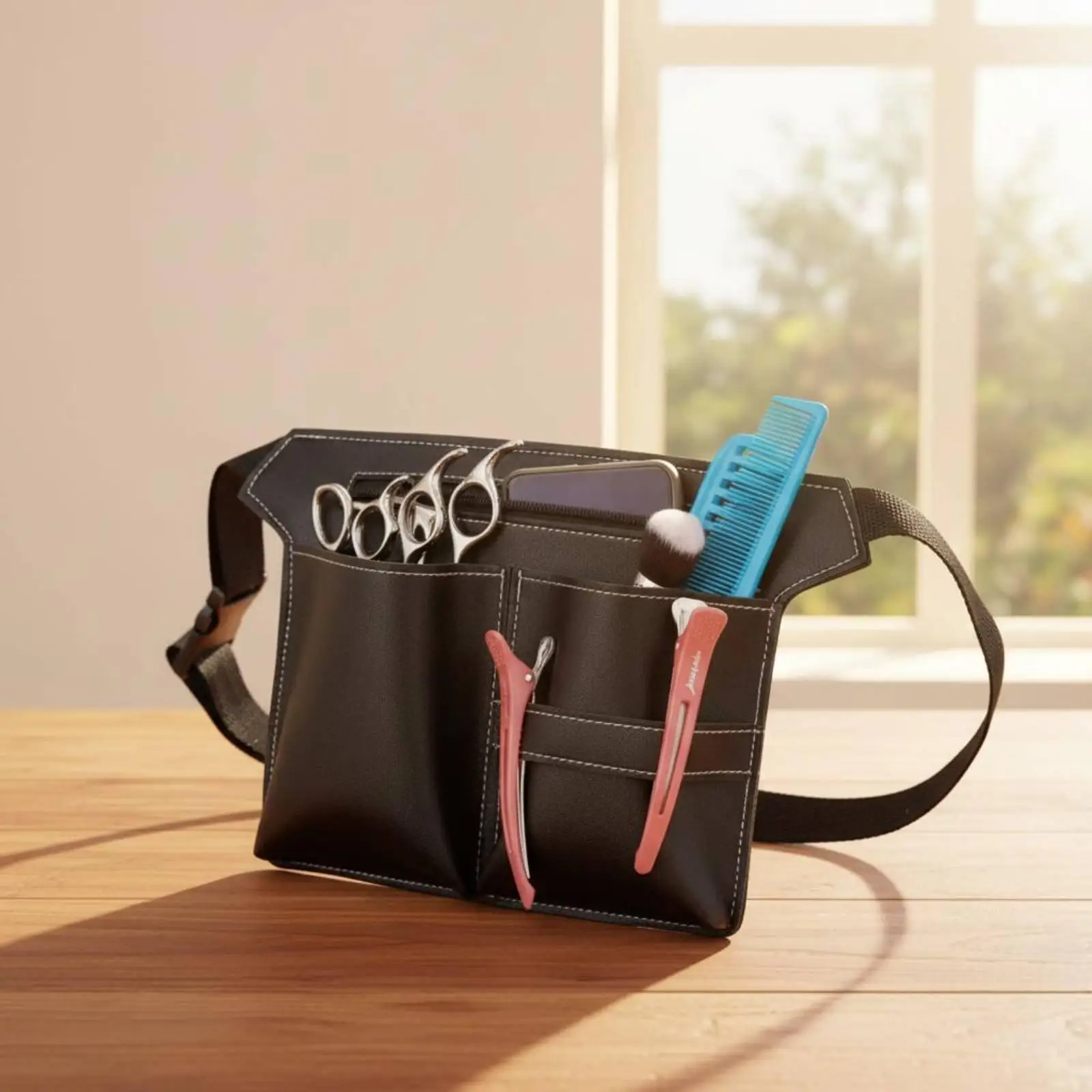 Compact Leather Tool Belt Pouch for Barber Hairdressing Scissors Combs Clips Storage with Adjustable Waist Strap Portable