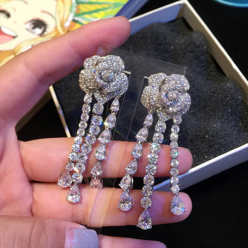 Valuable Flower Diamond Cz Dangle Earring 925 Sterling silver Party Wedding Drop Earrings for Women Bridal Jewelry