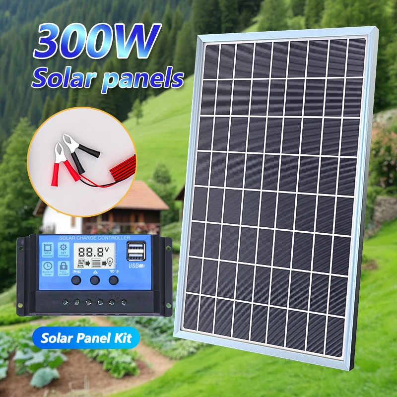 12V Solar Panel Kit Complete 300W Capacity Polycrystalline USB Power Portable Outdoor Rechargeable Solar Cell Generator for Home