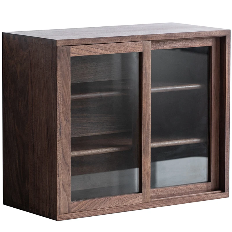 

Настольный шкаф для хранения из черного ореха, японская прозрачная стеклянная раздвижная дверь из цельного дерева, трехслойный шар с шипом и шипом «ласточкин хвост»