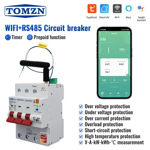 TOMZN 3상 3P+N WIFI 스마트 회로 차단기 TUYA Smartlife RS485 Modbus 잠금 Din 레일 과전압 보호(OVP) 과전류 보호(OCP) 과전압 보호(UVP) 단락 보호