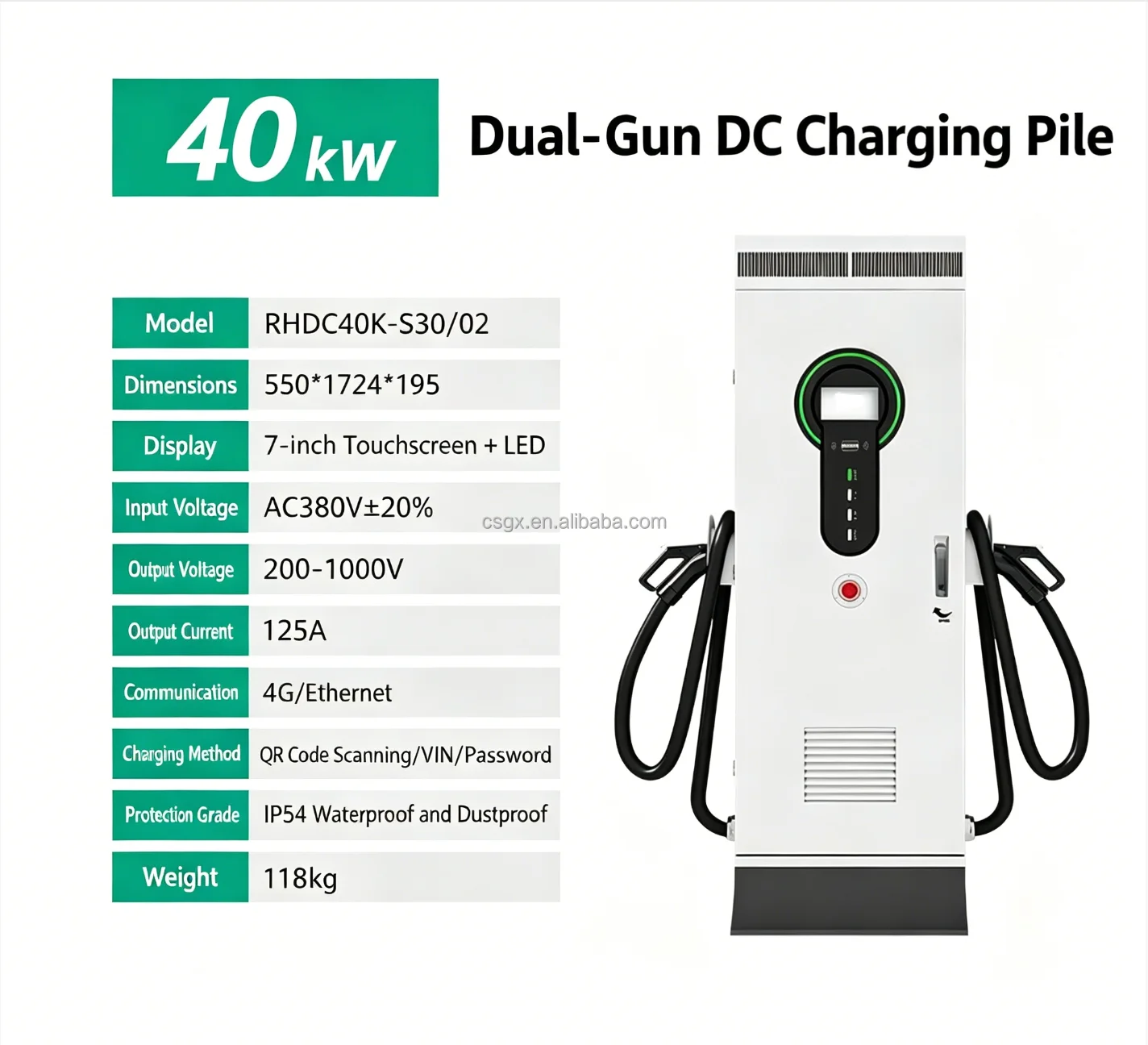 Factory electric vehicle battery DC fast charger 30kW car charging pile with GB/T 20234.2-2015 interface and AC380V input