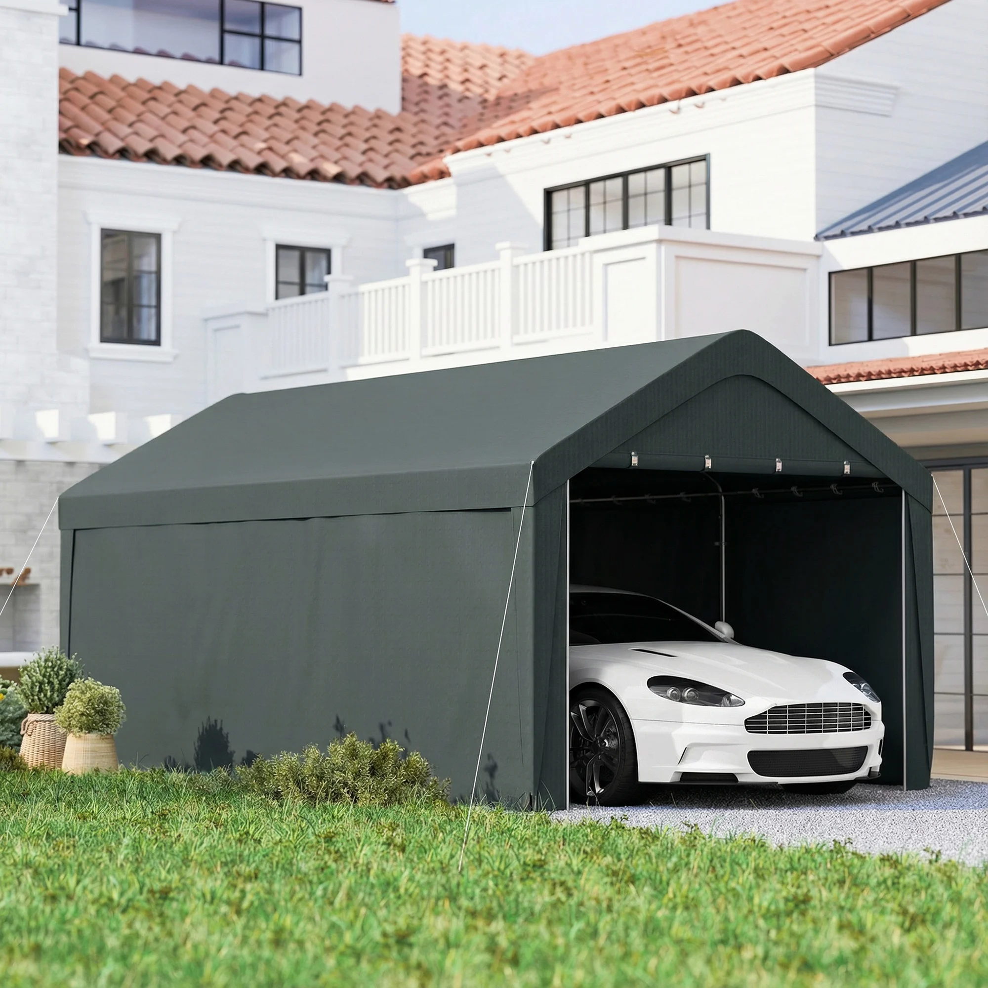 Outsunny Carpa para garaje 590x300x280 cm gris oscuro