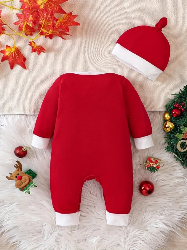 Spring and Autumn Baby and Toddler Unisex Crewneck Letter Print Color Block Spliced Romper - Christmas Limited Editio