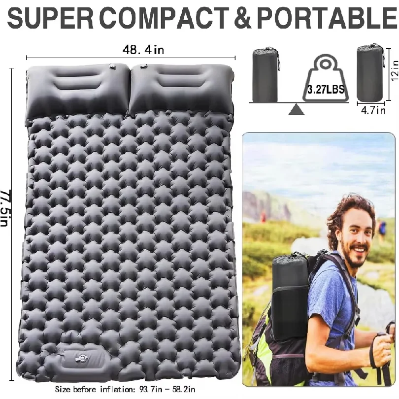 Double Inflatable Camping Mattress Waterproof Thick Sleeping Pad Built-in Pillow Foldable Portable Air Bed Outdoor Hiking Travel